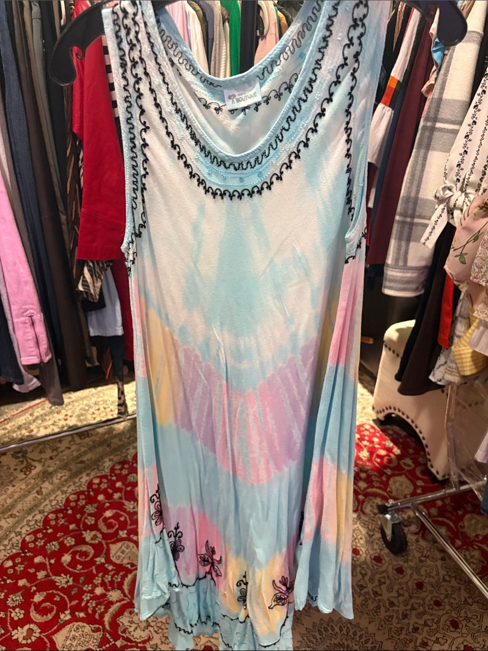 India Boutique Pastel Blue and Pink Tie-Dye Tank Dress with Black Embroidery